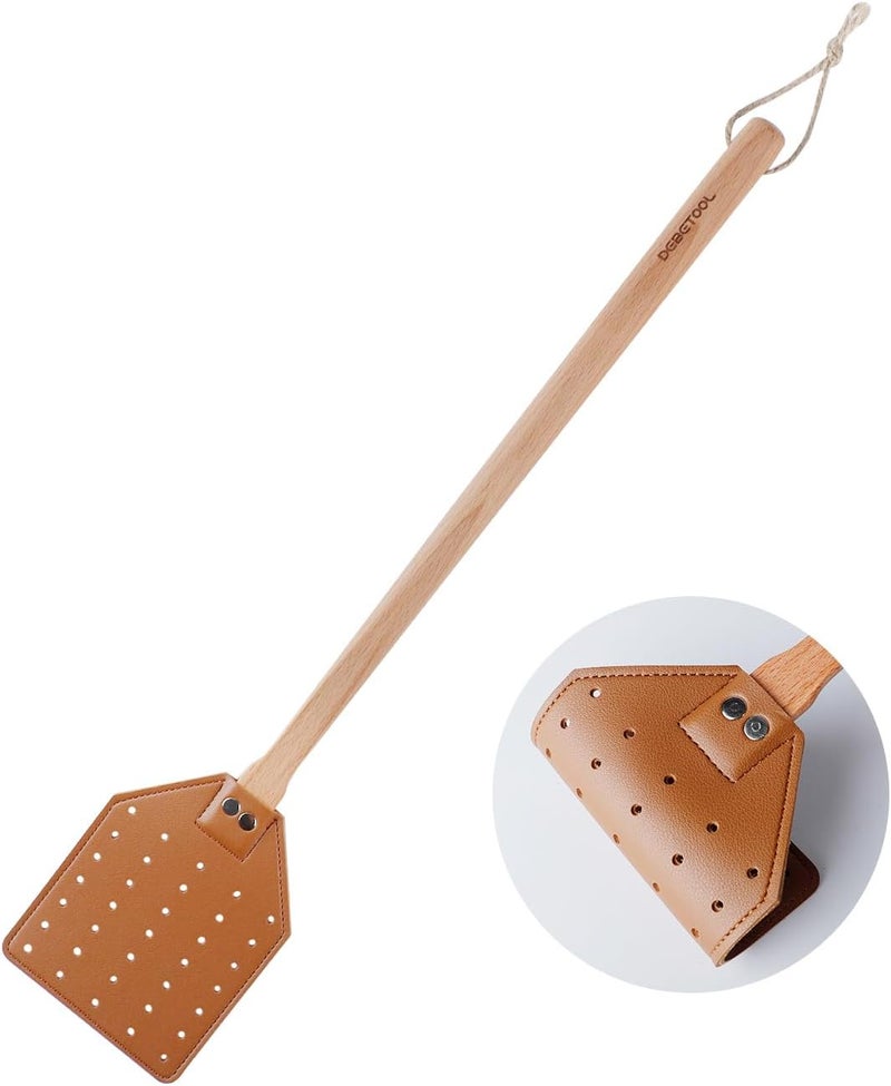 DEBETOOL Leather Fly Swatter - Heavy Duty Manual Fly Swatter with Wood Handle, Durable Leather Fly Swatter for Indoor and Outdoor Use (Brown) - Image 1